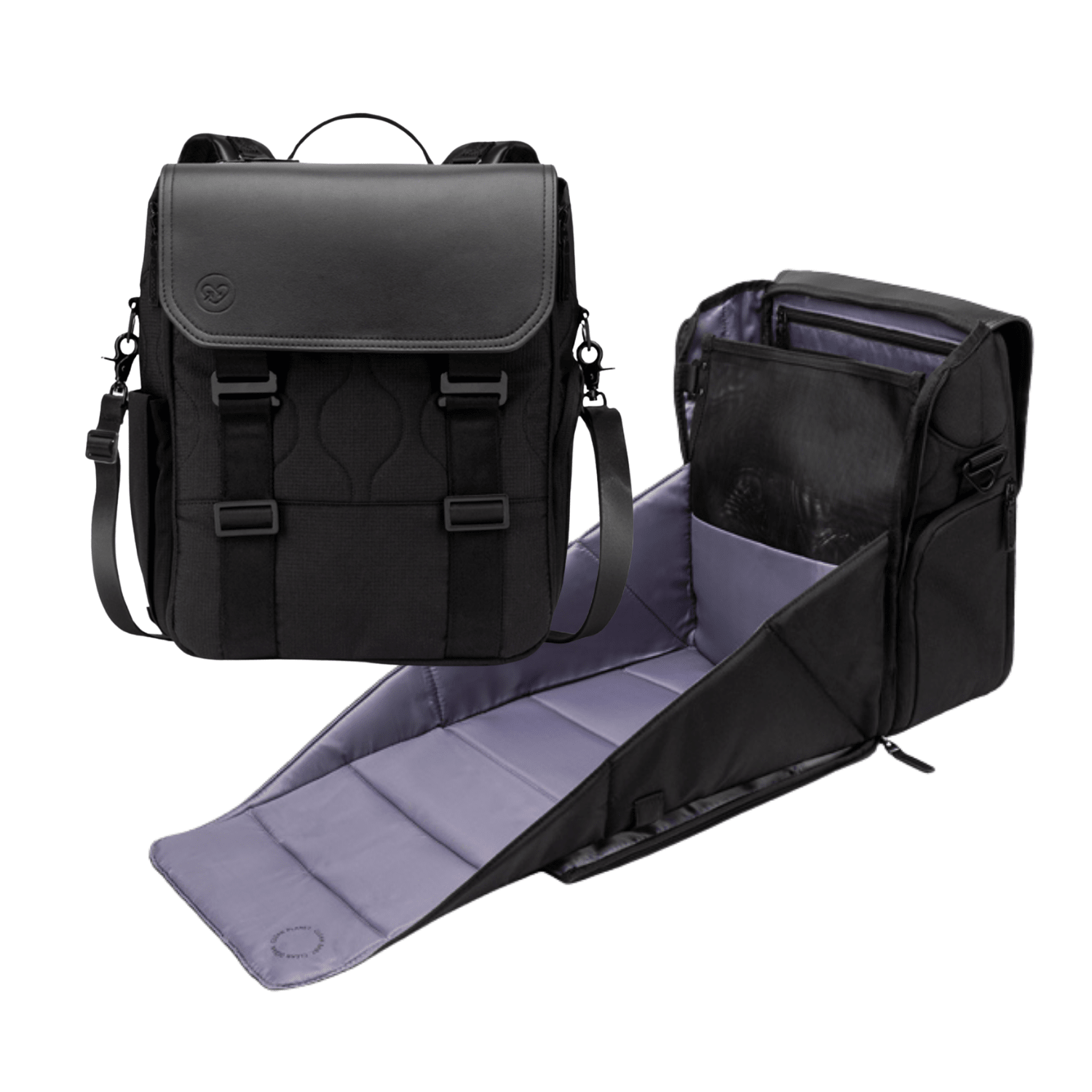 Willow diaper bag backpack in forest black with fold-out changing station open